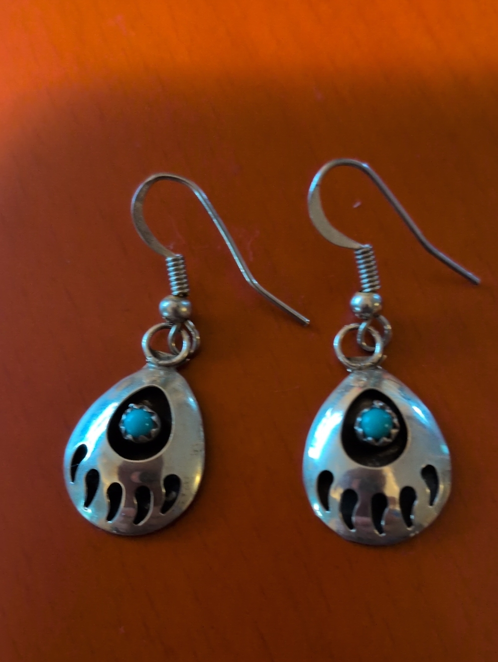 Sterling Silver Navajo Bear paw Turquoise Dangle Earrings -Vintage